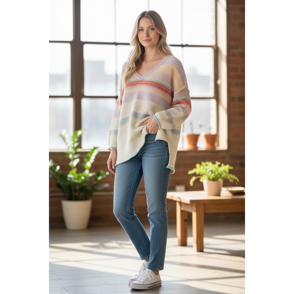 Tribal Jeans Pastel Striped V-Neck Knit Sweater 3/4 Sleeve Fisherman Coastal P/S